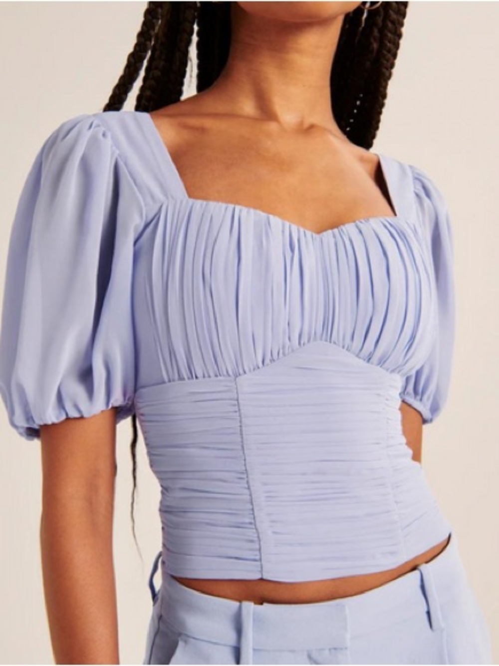 Abercrombie & Fitch Periwinkle Ruched Square-Neck Puff-Sleeve Top